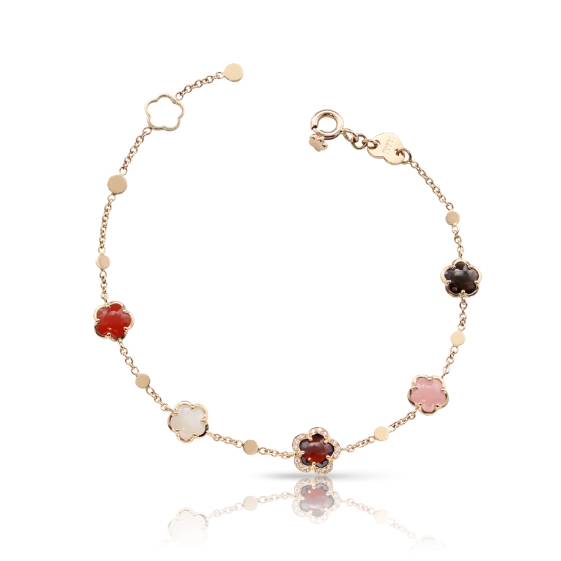 Figlia dei Fiori Bracelet in 18K Rose Gold with White Moonstone, Pink Chalcedony, Carnelian, Red Garnet, Smoky Quartz and Diamonds.