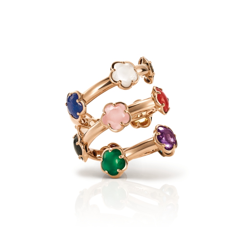 Figlia dei Fiori Ring in 18K Rose Gold with Green Agate, Red Carnelian, Onyx, White Moonstone, Pink Chalcedony, Citrine, Amethyst, London Blue Topaz, Smoky Quartz, White Agate, Lapis Lazuli, Red Garnet and Diamond.