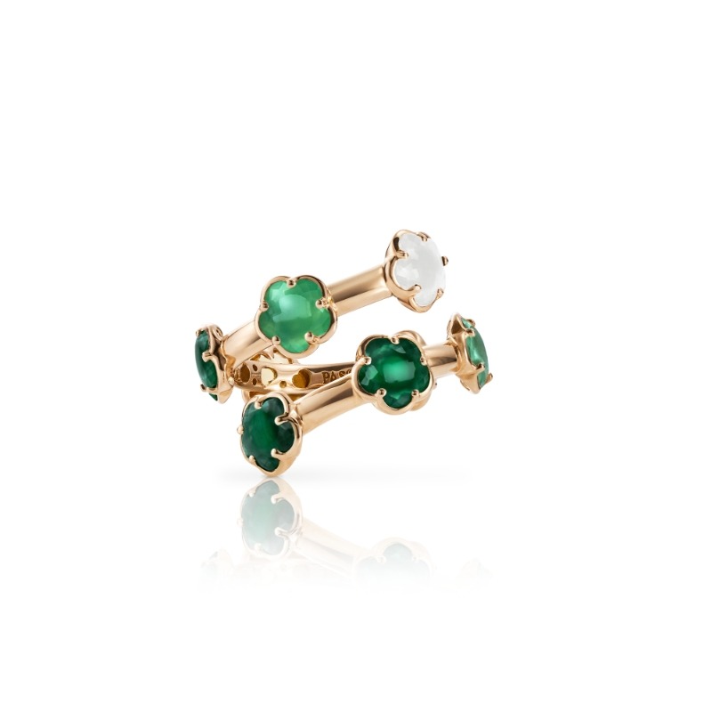 Figlia dei Fiori Ring in 18K Rose Gold with Green Agate, White Moonstone, Malachite, Chrysoprase, Prasiolite, Green 
Aventurine and Diamond.