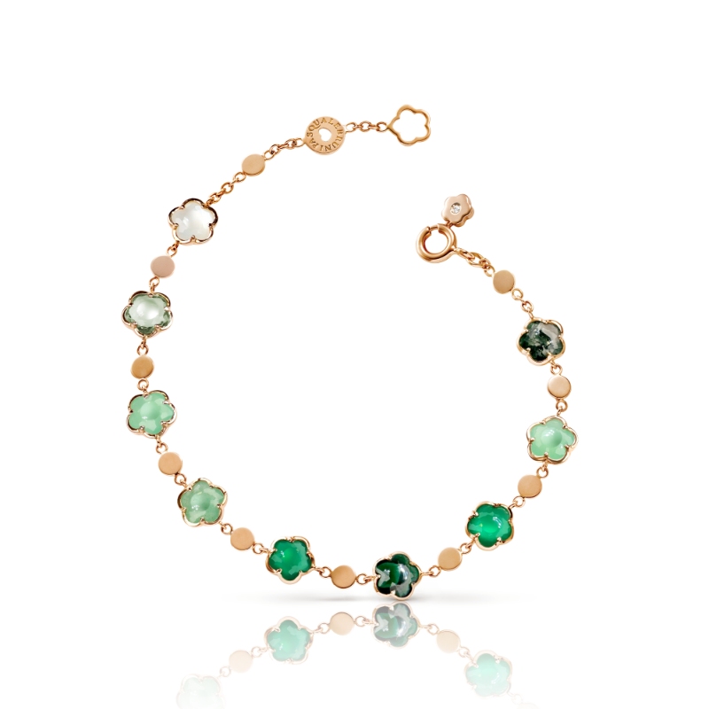 Figlia dei Fiori Bracelet in 18K Rose Gold with Green Agate, White Moonstone, Malachite, Chrysoprase, Green Aventurine, Prasiolite, Moss Agate and Diamond.