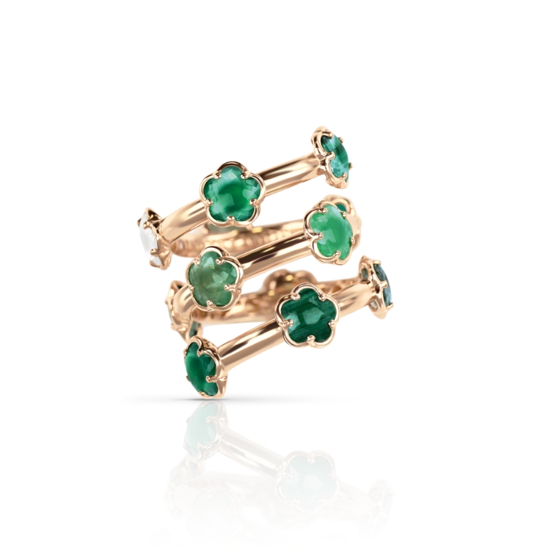 Figlia dei Fiori Ring in 18K Rose Gold with Green Agate, White Moonstone, Malachite, Chrysoprase, Prasiolite, Green 
Aventurine and Diamond.