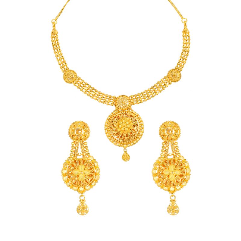 22K Gold Filigree Floral Disc Necklace and Earring Set