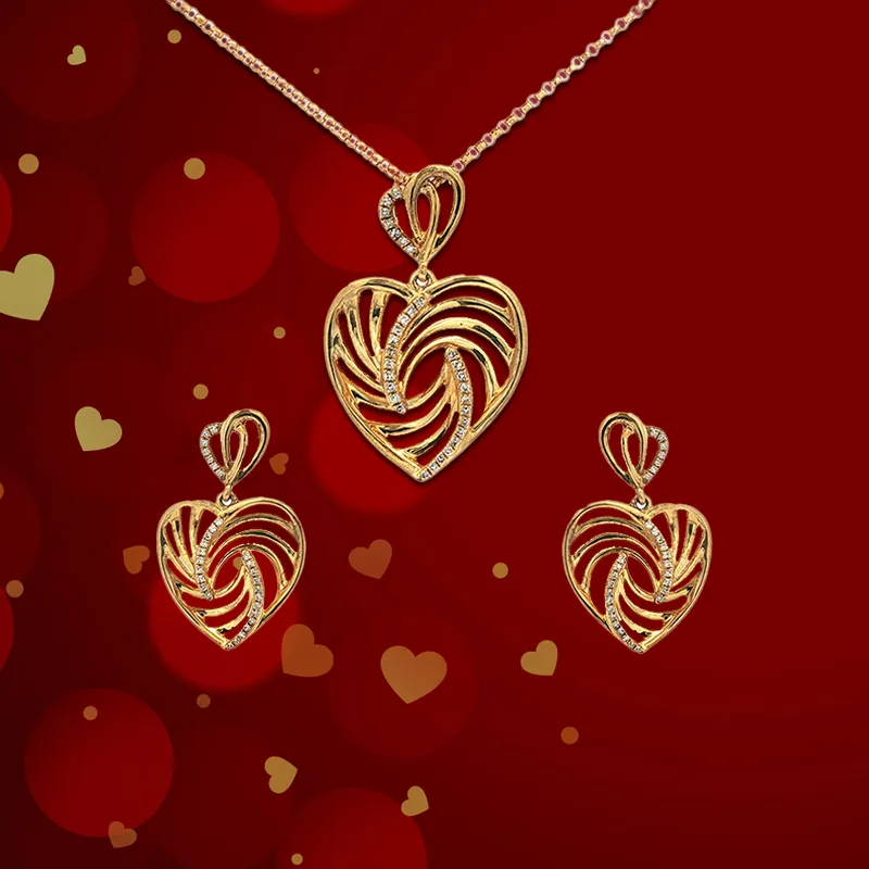 Elegant 18K Yellow Gold Heart Pendant and Earrings Set for Timeless Appeal