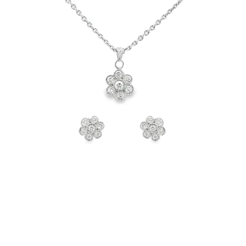 Elegant Floral Platinum Diamond Pendant Set