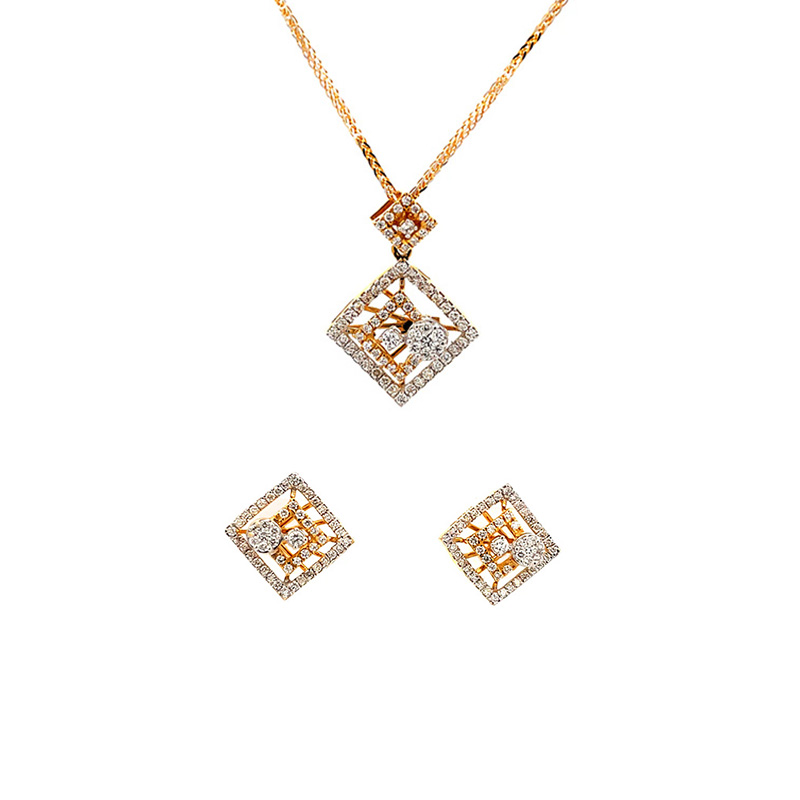 18K Yellow Gold & Diamond Rhombus Pendant Set