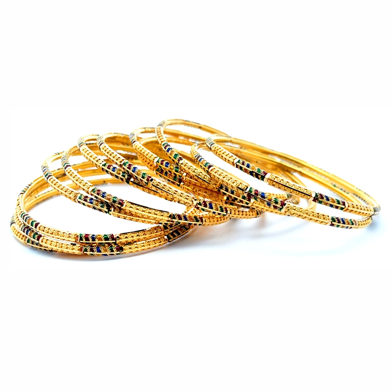 Elegant Gold Bangles with Colorful Accents - Set of 12, Size 2.7