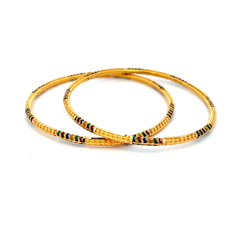 Elegant Gold Bangles with Colorful Accents - Set of 2, Size 2.7