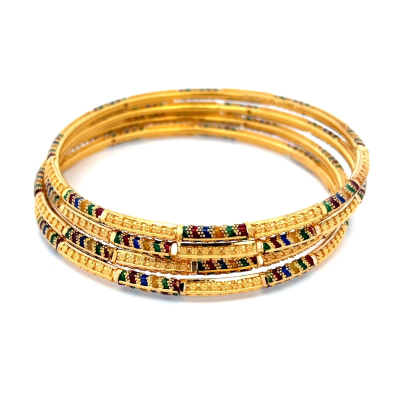 Elegant Gold Bangles with Colorful Accents - Set of 4, Size 2.7