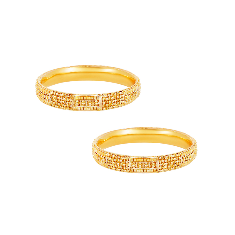 22k Yellow Gold Beaded Patterned Bangle Set of 2 - BAN-4043