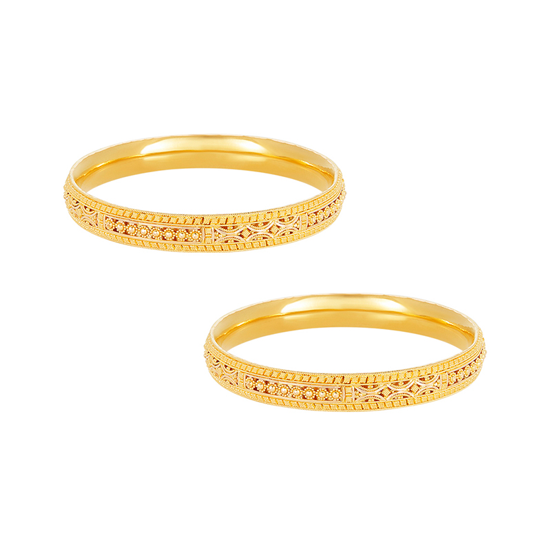 22k Yellow Gold Beaded Patterned Bangle Set of 2