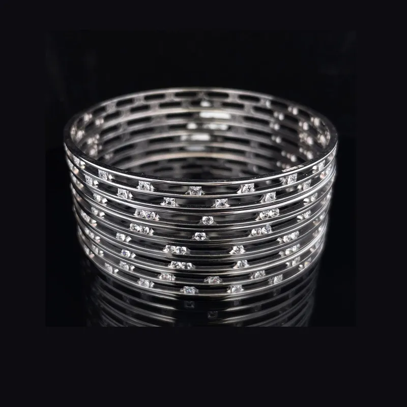 White Gold bangles with CZ - Set of 6, Size 2.5