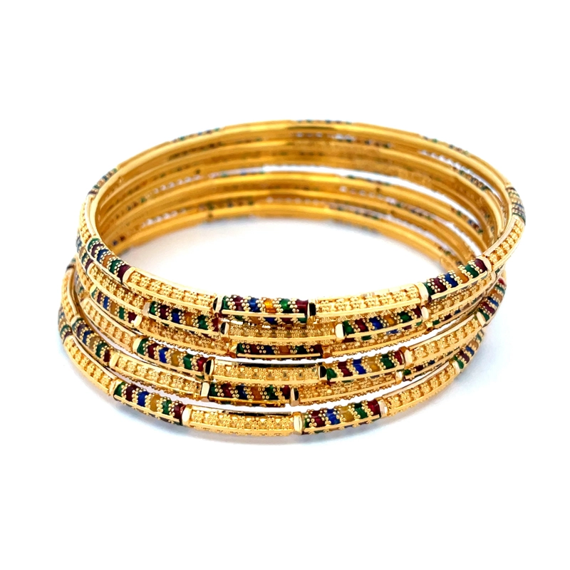 Elegant Gold Bangles with Colorful Accents - Set of 6, Size 2.7