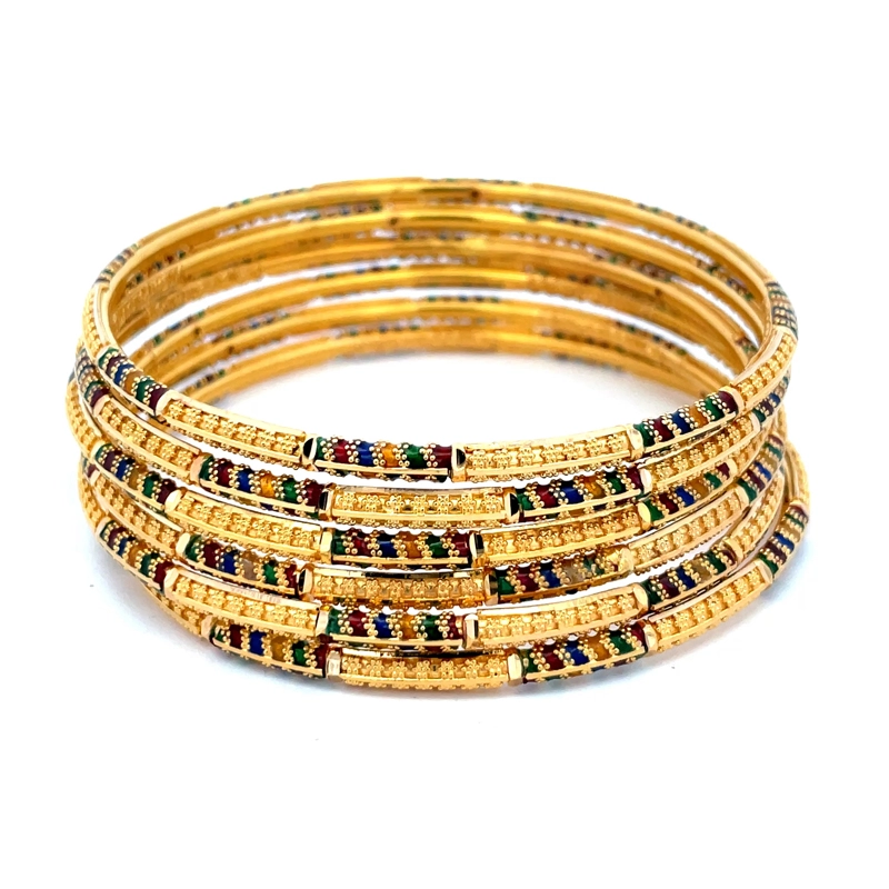 Elegant Gold Bangles with Colorful Accents - Set of 6, Size 2.7