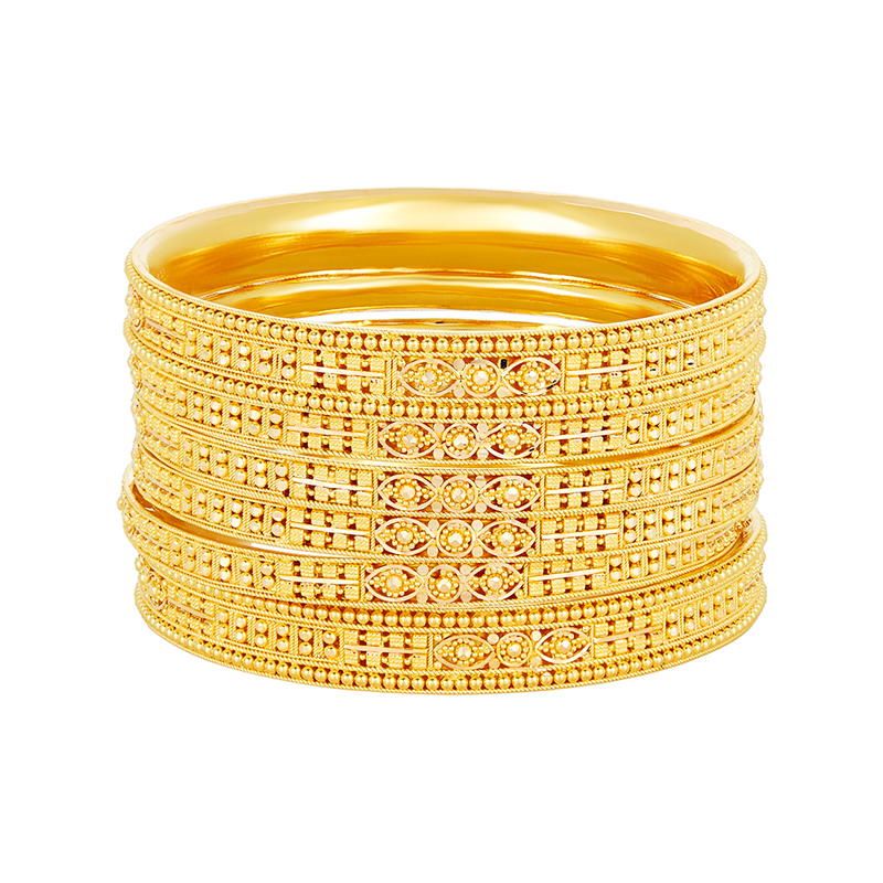 22k Yellow Gold Beaded Patterned Bangle Set of 6