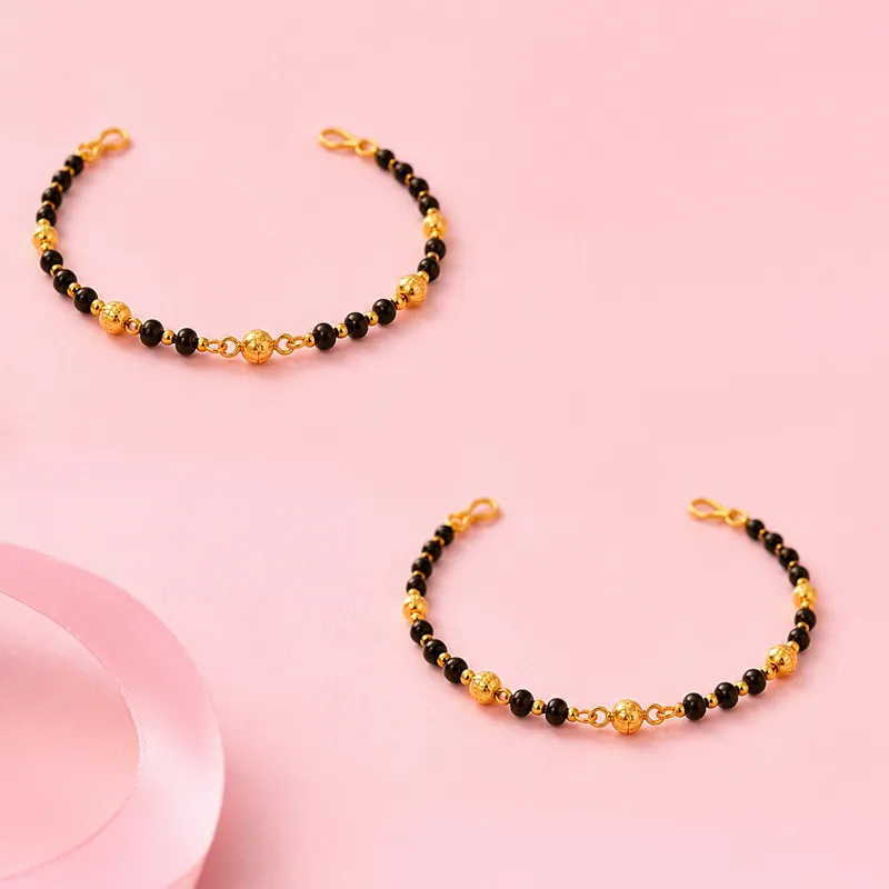 22K Yellow Gold Black Beads Baby Bracelet Set of Two, Elegant and Nice.