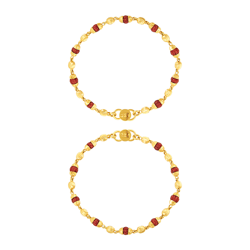 22K Yellow Gold and Red Beaded Baby Bracelet Set of 2