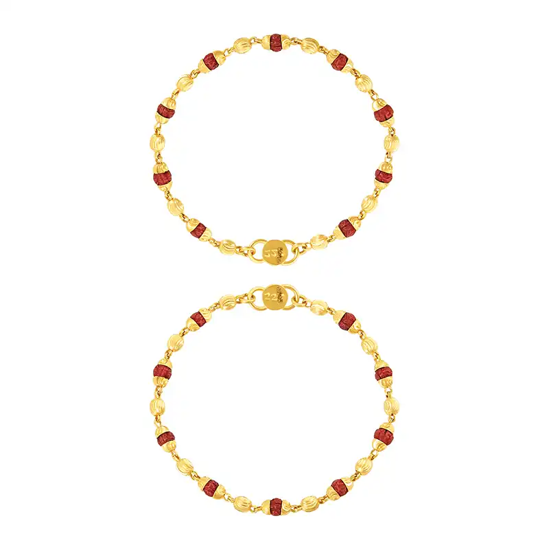 22K Yellow Gold and Red Beaded Baby Bracelet Set of 2