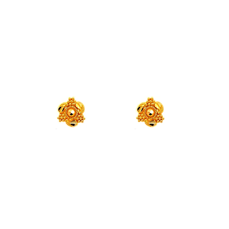 Dainty 22k yellow gold mini stud earrings with secure screw back closure