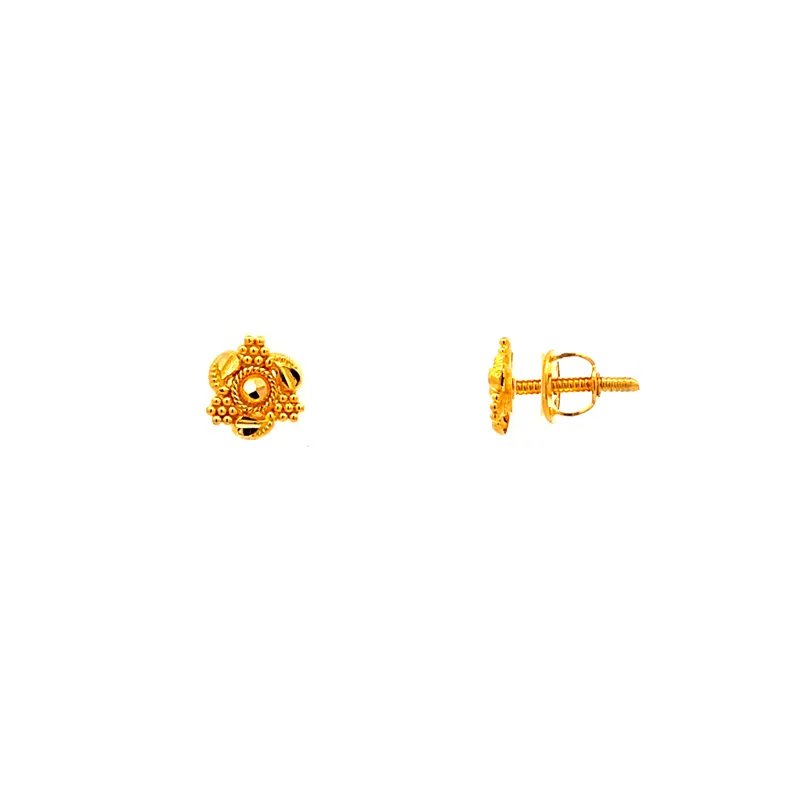 Dainty 22k yellow gold mini stud earrings with secure screw back closure