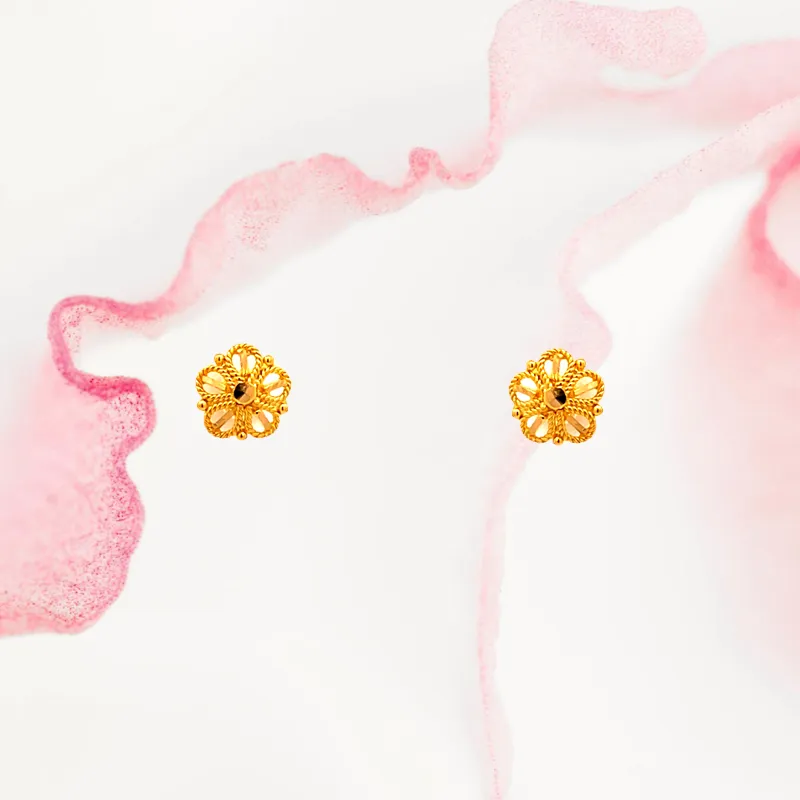 Delicate 22k Yellow Gold Floral Micro Stud Earrings with Secure Screw Backs