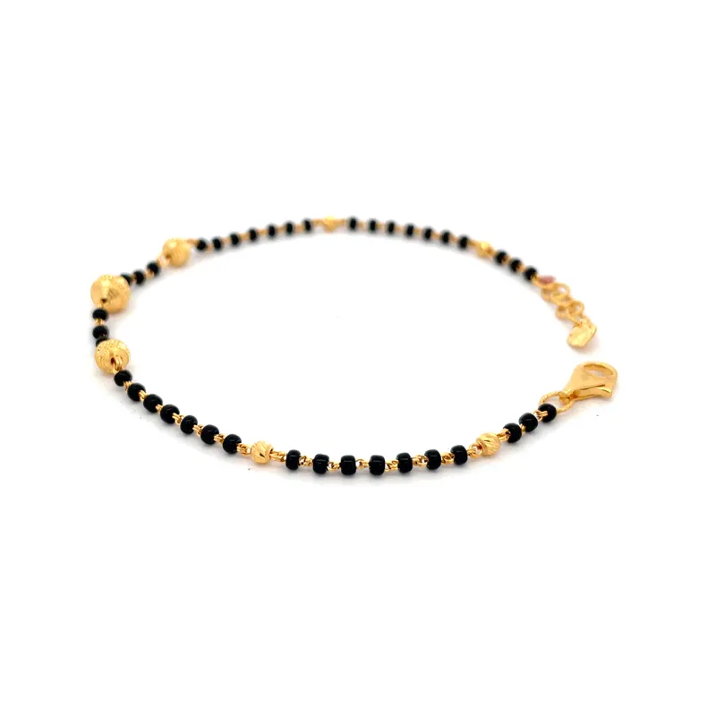 Elegant 22k Yellow Gold Bracelet with Black Beads, Size 7.5 Inch