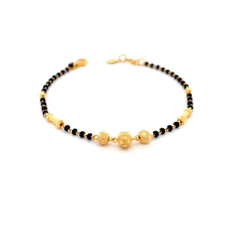 Elegant 22k Yellow Gold Bracelet with Black Beads, Size 7.5 Inch