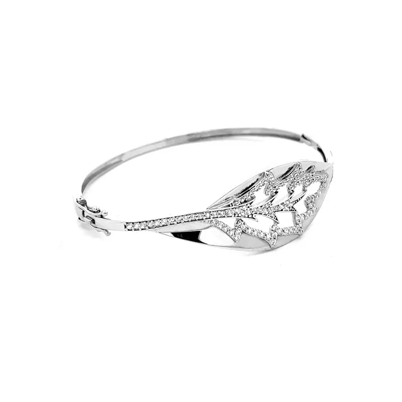 Openwork Leaf Bangle in 18k White Gold and CZ