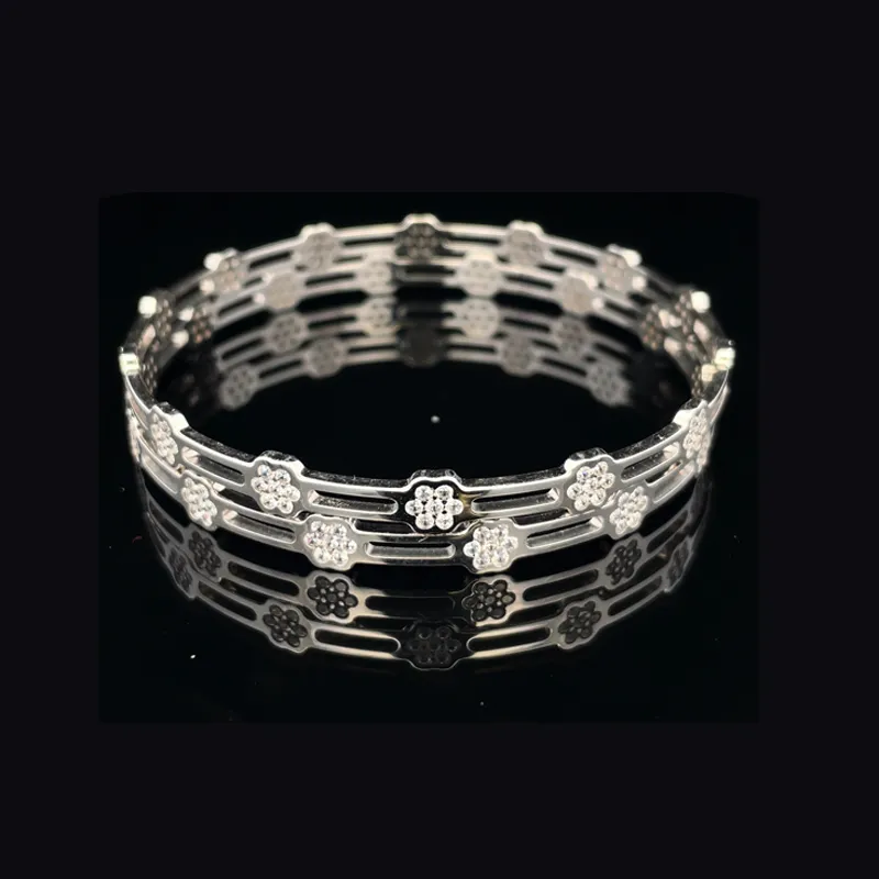 White Gold Floral bangles with CZ - Set of 2, Size 2.6