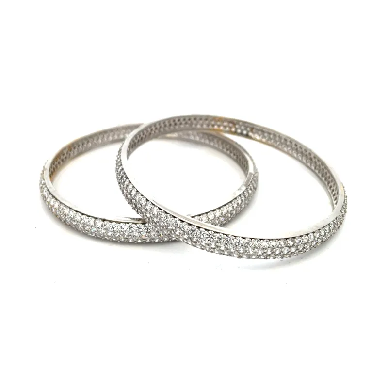 Elegant White Gold bangles with CZ  - Set of 2, Size 2.6
