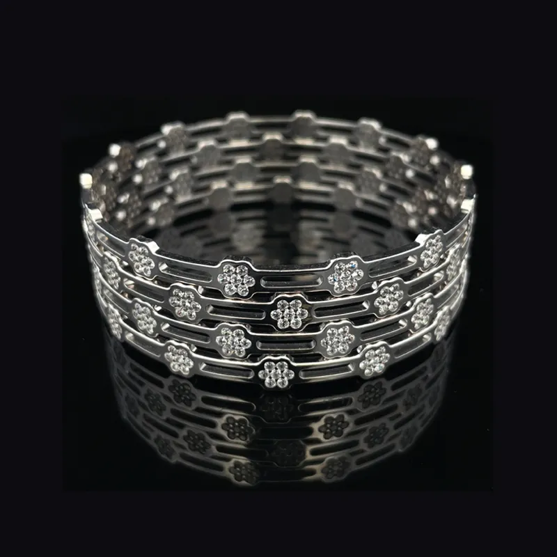 White Gold Floral bangle Set with CZ - Set of 4, Size 2.6