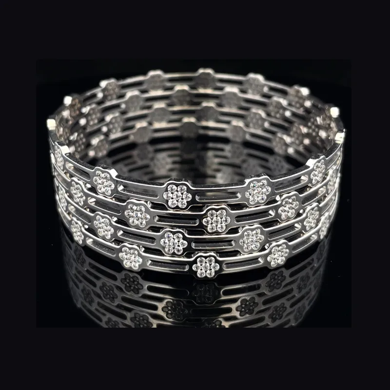 White Gold Floral bangle Set with CZ - Set of 4, Size 2.6