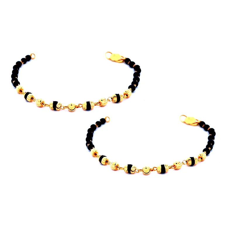 22K Gold Baby Bracelet with Black beads - Set of 2
