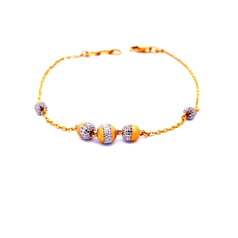 Yellow Gold Chain Bracelet with Round beads - 7.5"