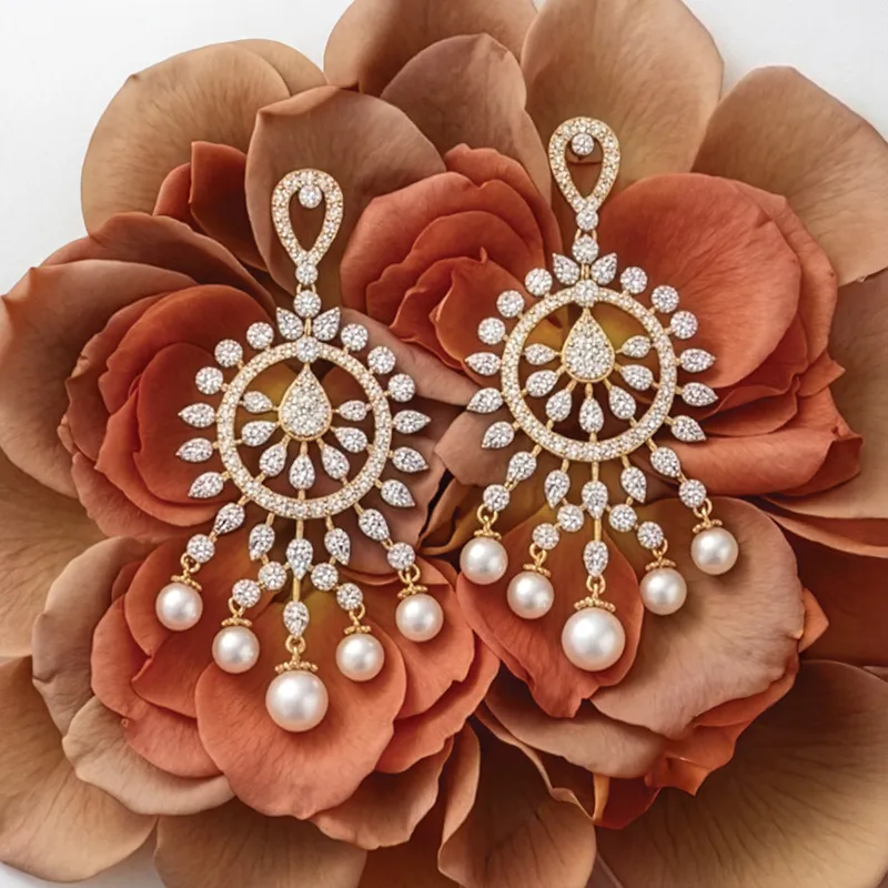 18K Gold Diamond Hanging Earrings with Pearls