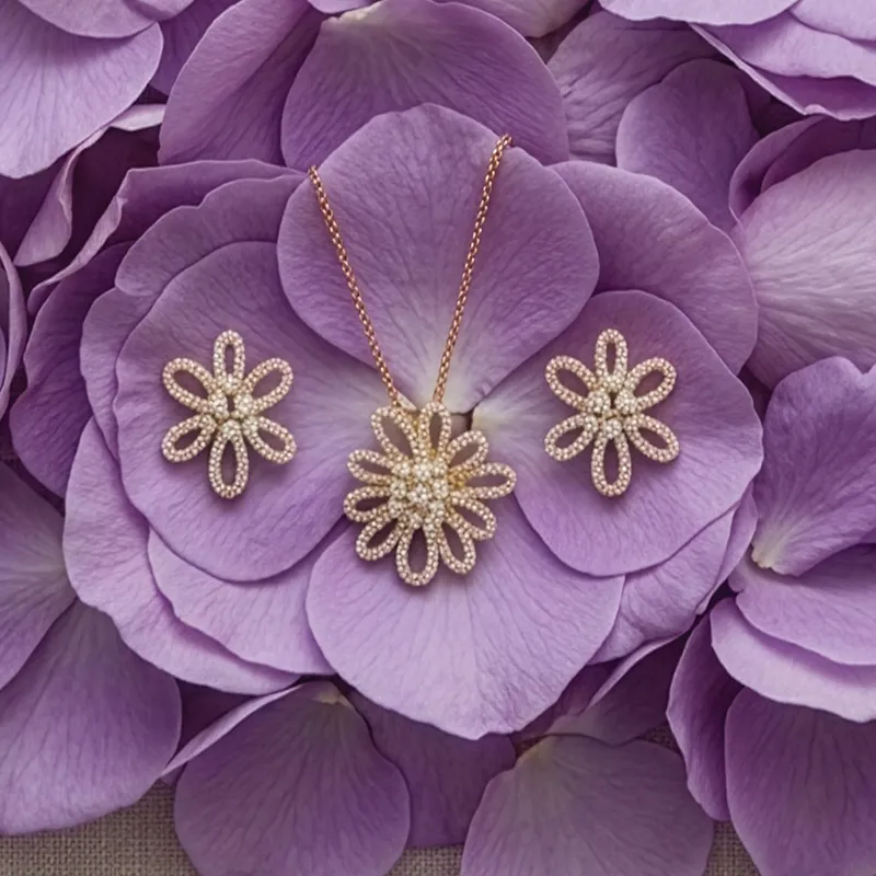 Floral Gold Diamond Pendant Set