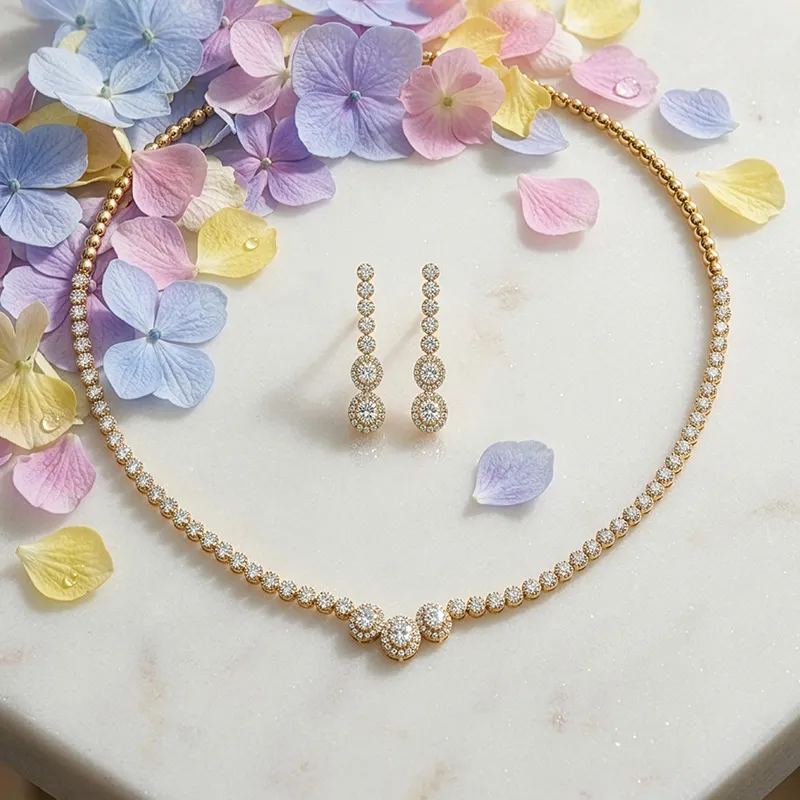 Angelic, Intricate Diamond Necklace & Earrings in Yellow gold