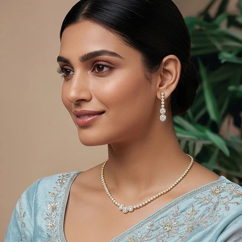 Angelic, Intricate Diamond Necklace & Earrings in Yellow gold