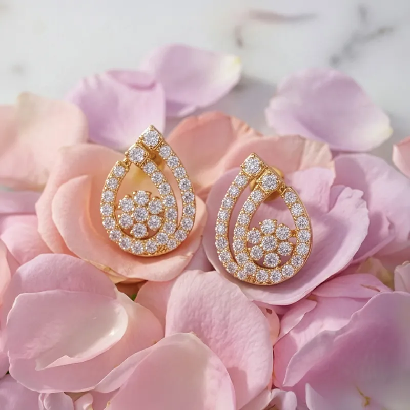 18K Gold Diamond Floral Teardrop Stud  Earrings