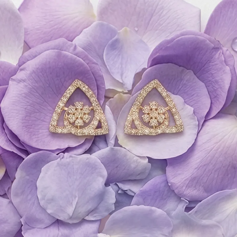 Gold Diamond Floral Triangular Stud Earrings