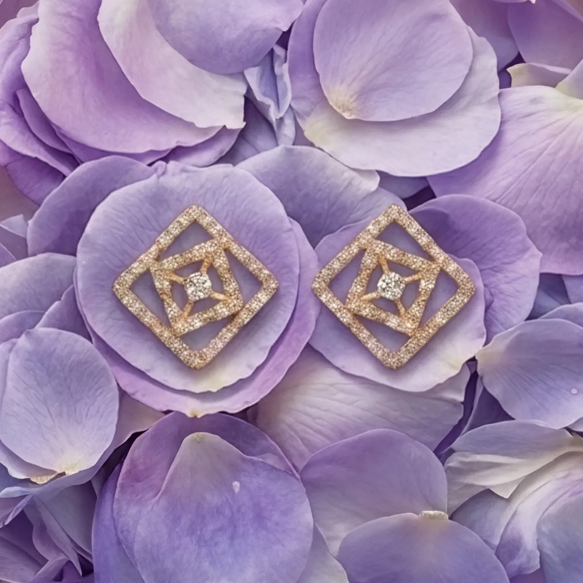 Rhombus Patterned Gold Diamond  Stud Earrings Yellow Gold