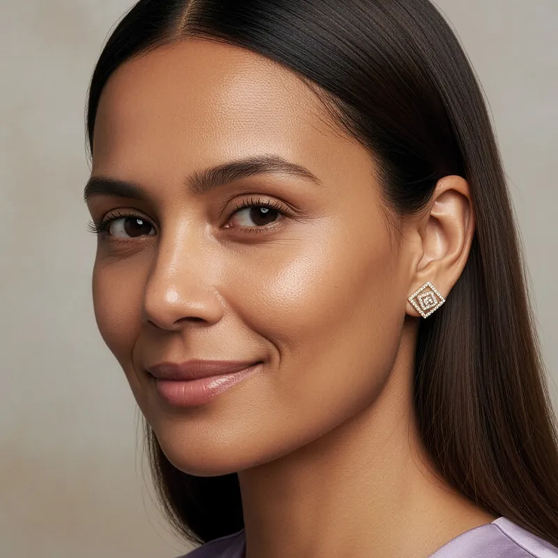 Rhombus Patterned Gold Diamond  Stud Earrings Yellow Gold