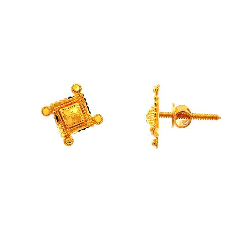 22K Yellow Gold Square Stud Earrings with Secure Screw Back Fastening