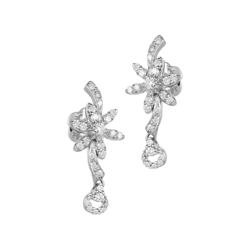 18K White Gold Diamond Leaf shaped Drop Earrings