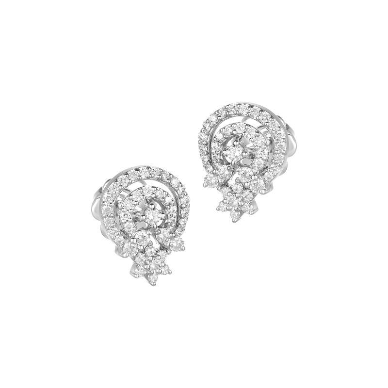 18K White Gold Diamond Floral Spiral Stud Earrings