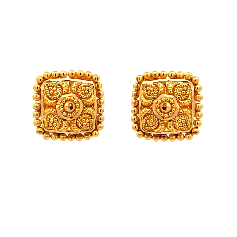 22k Yellow Gold Square Stud Earrings Simple Elegant Everyday Jewelry