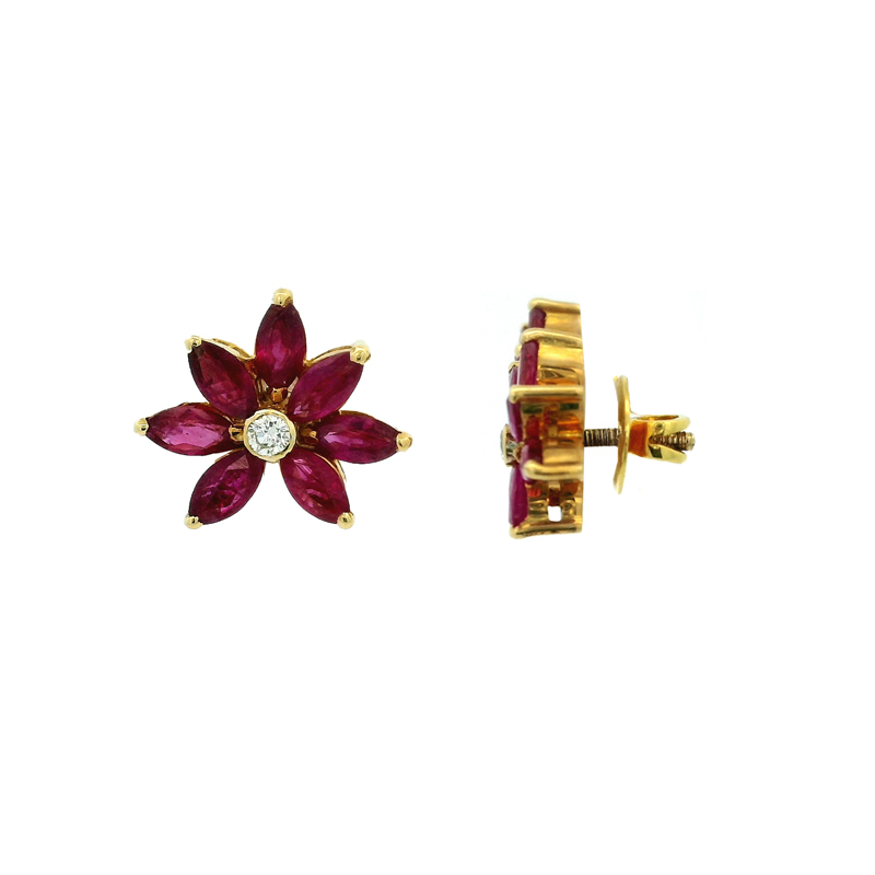 Floral Gold Diamond and Ruby Earrings