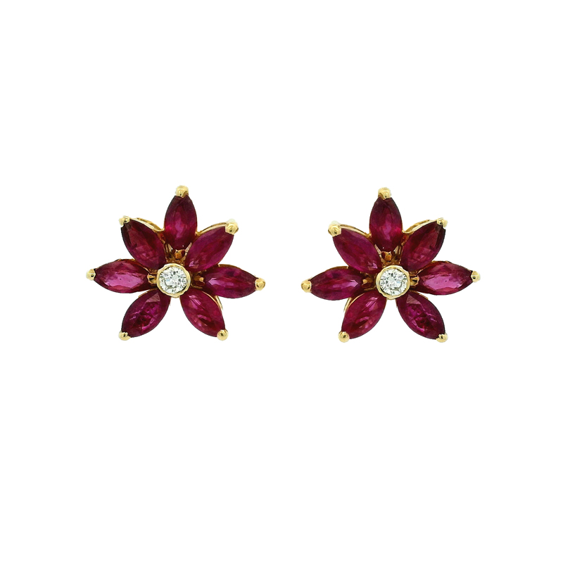 Floral Gold Diamond and Ruby Earrings