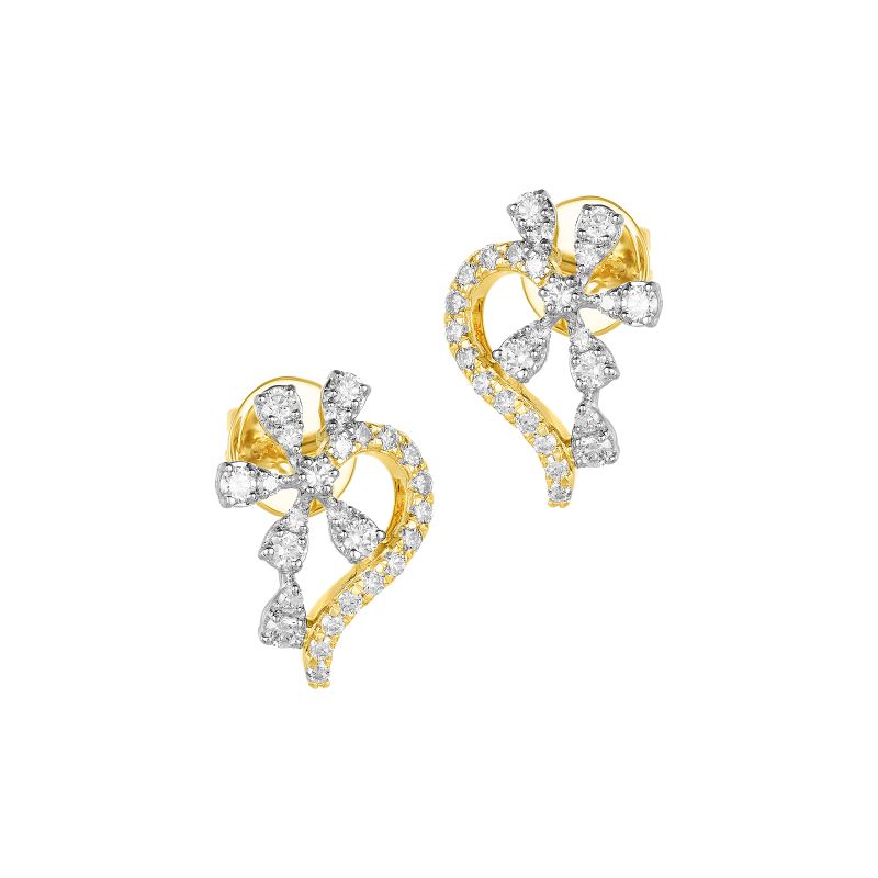 18K Two tone Gold Diamond Curved Floral Stud Earrings
