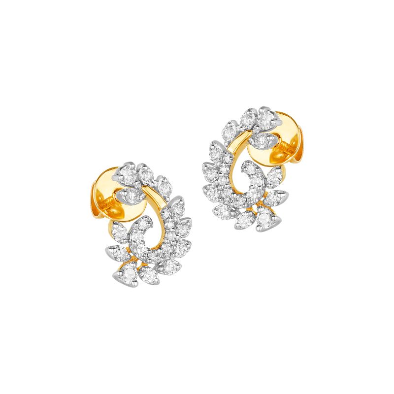 18K Two tone Gold Diamond Floral Curve Stud Earrings