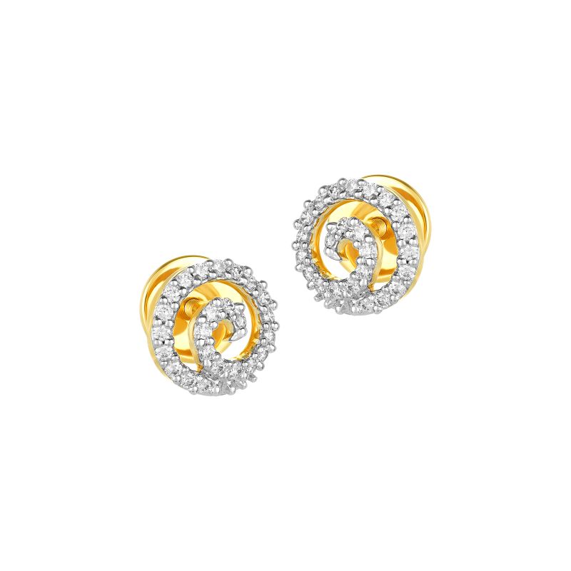 18K Two tone Gold Diamond Spiral Curved Stud Earrings